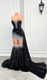 Long Sparkly Prom Dress 2026 Elegant Mermaid Style Silver Crystals Black Sequin African Girl Prom Party Gowns