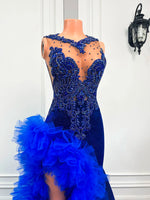 2026 Royal Blue Prom Dress Black Girls Long Mermaid Ruffle Gown Beaded Lace High Slit