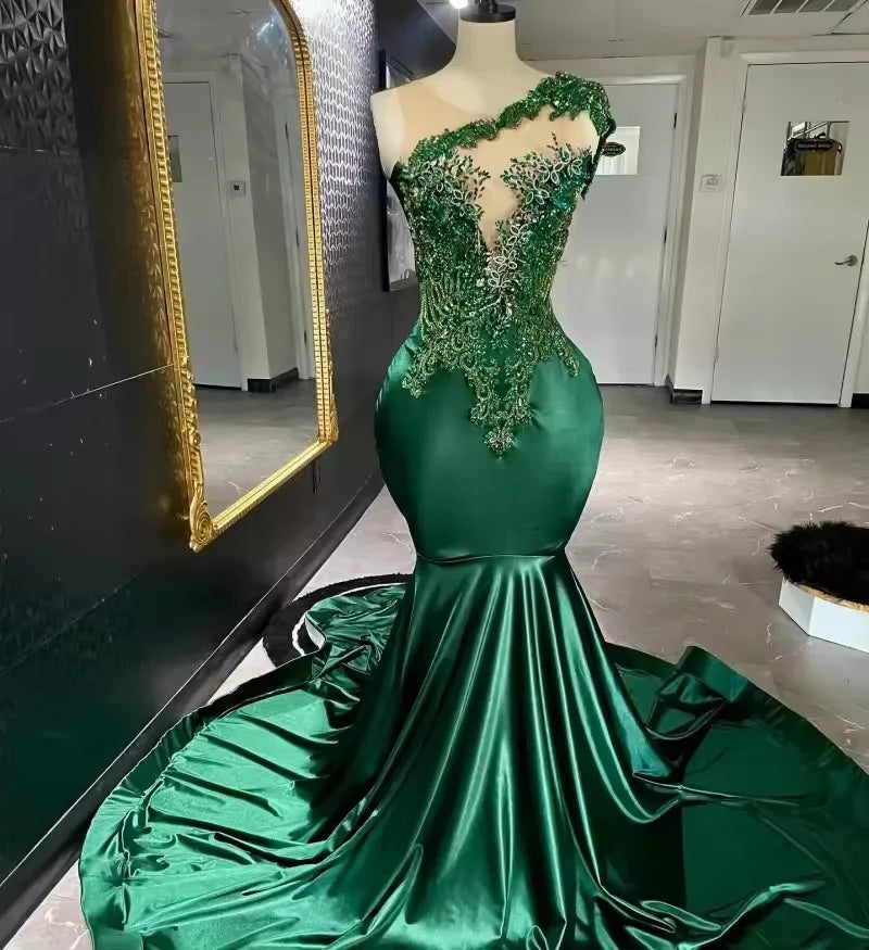 Elegant Dark Green Satin Mermaid Prom Dresses 2025 Black Girl  Sheer Neck Beaded Birthday Evening Party Gowns  Customized