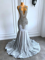 Women Silver Long Mermaid Prom Dresses 2026 Sexy Sheer Mesh Luxury Sparkly Handmade Diamond Black Girl Prom Formal Gala Gowns