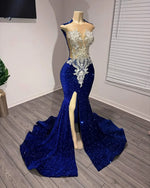 Sexy Sheer O-neck Sleeveless 3D Lace Sparkly Royal Blue Sequin Black Girls Long Prom Dresses 2026 With High Slit