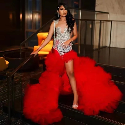 Customized African Red Mermaid Prom Dresses 2026 For Black Girls Silver Crystal Beaded High Slit Ruffles Party Gown Soirée