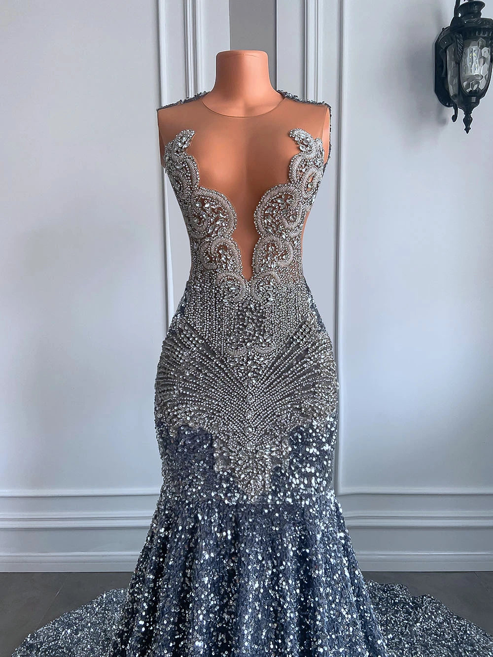 Sexy Long Sparkly Prom Dresses 2026 Sheer O-neck Luxury Silver Crystals Diamond Sequin Mermaid Black Girl Prom Party Gowns