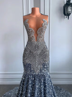 Sexy Long Sparkly Prom Dresses 2026 Sheer O-neck Luxury Silver Crystals Diamond Sequin Mermaid Black Girl Prom Party Gowns