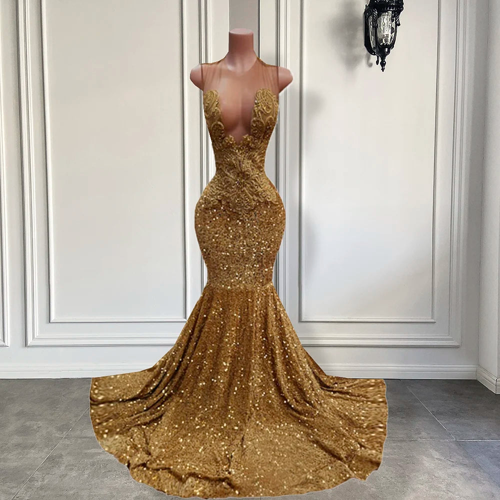 Long Elegant Prom Dresses 2026 Mermaid Style Sheer O-neck Beaded Lace Gold Sequin African Black Girls Prom Party Gowns