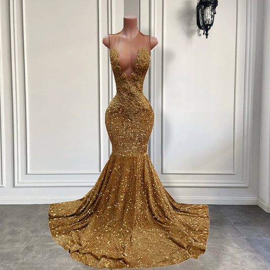 Long Elegant Prom Dresses 2026 Mermaid Style Sheer O-neck Beaded Lace Gold Sequin African Black Girls Prom Party Gowns