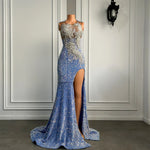 Long Sexy Sparkly Prom Dress 2026 High Slit Luxury Silver Beaded Light Blue Sequin Black Girl Mermaid Prom Party Gowns