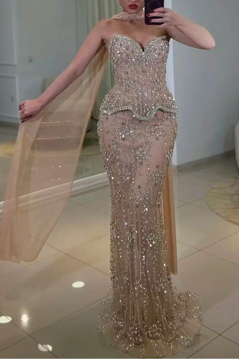 Luxury Nude Beaded Mermaid Evening Dress