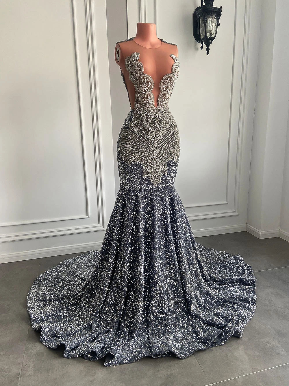 Sexy Long Sparkly Prom Dresses 2026 Sheer O-neck Luxury Silver Crystals Diamond Sequin Mermaid Black Girl Prom Party Gowns