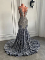 Sexy Long Sparkly Prom Dresses 2026 Sheer O-neck Luxury Silver Crystals Diamond Sequin Mermaid Black Girl Prom Party Gowns