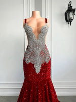 Gorgeous Long Prom Dresses 2026 Mermaid Style Luxury Sparkly Silver Crystals Red Sequin Black Girls Prom Party Formal Gowns