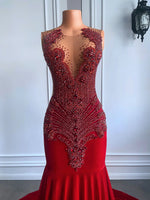 Long Prom Dresses 2026 Luxury Sparkly Beaded Diamond Sexy Mermaid Sheer Top Black Girl Red Velvet Prom Gala Gowns