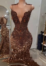 Brown Charming Prom Dresses For Black Girls 2026 Crystals Mermaid Sequins Long Party Dress Beading Evening Gowns Customized