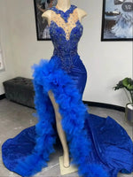 2026 Royal Blue Prom Dress Black Girls Long Mermaid Ruffle Gown Beaded Lace High Slit