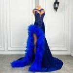2026 Royal Blue Prom Dress Black Girls Long Mermaid Ruffle Gown Beaded Lace High Slit