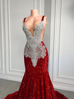 Gorgeous Long Prom Dresses 2026 Mermaid Style Luxury Sparkly Silver Crystals Red Sequin Black Girls Prom Party Formal Gowns