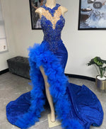 2026 Royal Blue Prom Dress Black Girls Long Mermaid Ruffle Gown Beaded Lace High Slit