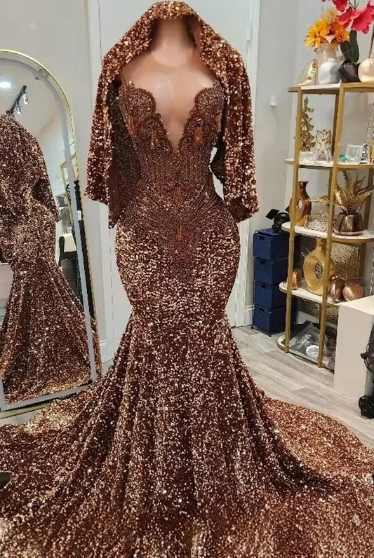 Brown Charming Prom Dresses For Black Girls 2026 Crystals Mermaid Sequins Long Party Dress Beading Evening Gowns Customized