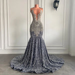 Sexy Long Sparkly Prom Dresses 2026 Sheer O-neck Luxury Silver Crystals Diamond Sequin Mermaid Black Girl Prom Party Gowns
