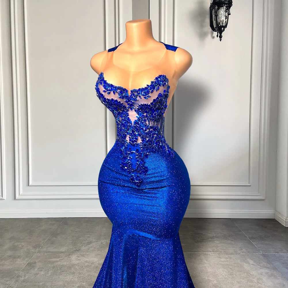 Royal Blue Long Prom Dresses 2026 Luxury Beaded Embroidery Sexy Mermaid Style Black Girl Prom Gala Party Gowns