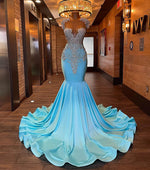 Long Sparkly Prom Dresses 2026 Sexy Sheer Top Luxury Diamond Light Blue Black Girls Mermaid Prom Gala Party Gowns