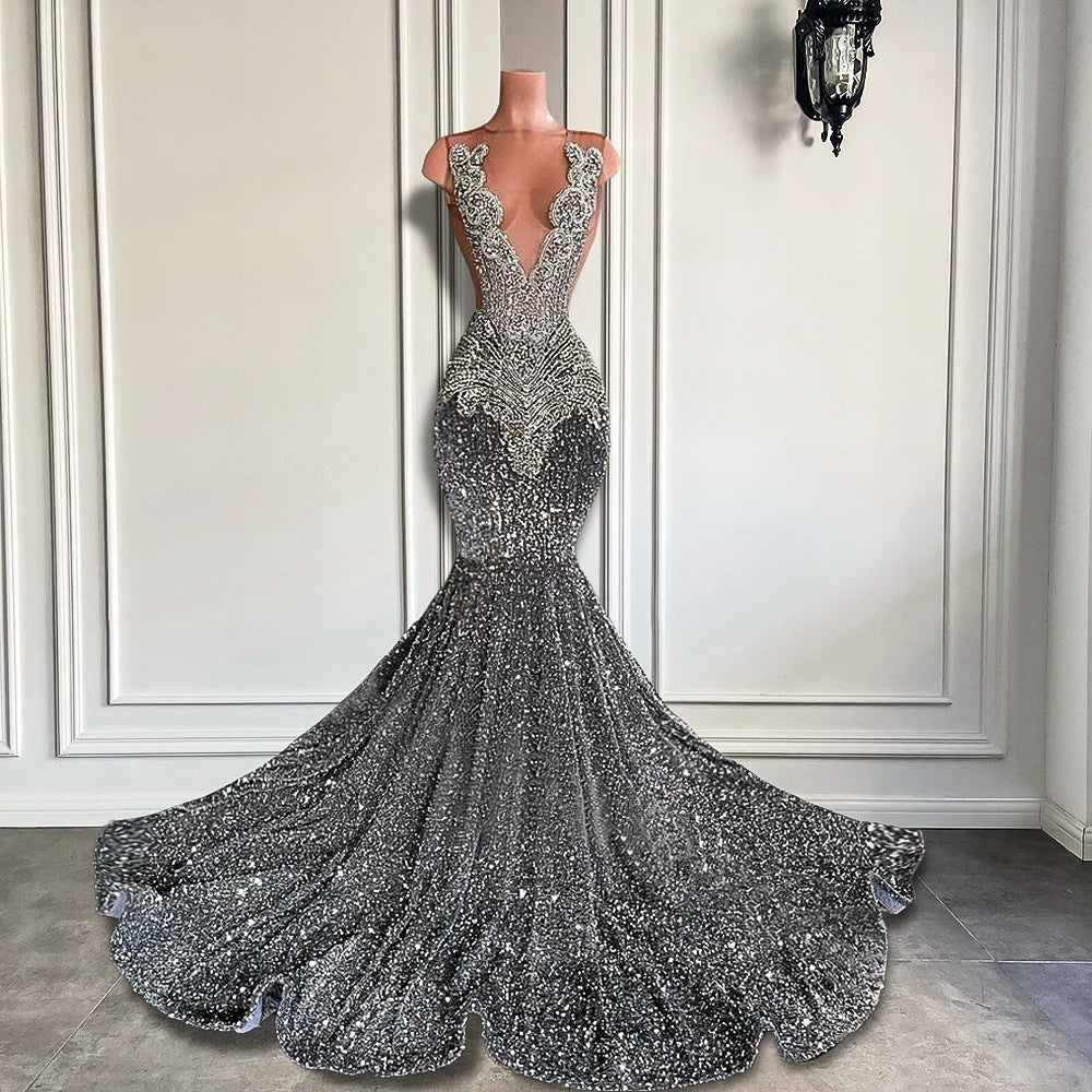 Sexy Long Sparkly Prom Dresses 2026 Sheer O-neck Luxury Silver Crystals Diamond Sequin Mermaid Black Girl Prom Party Gowns