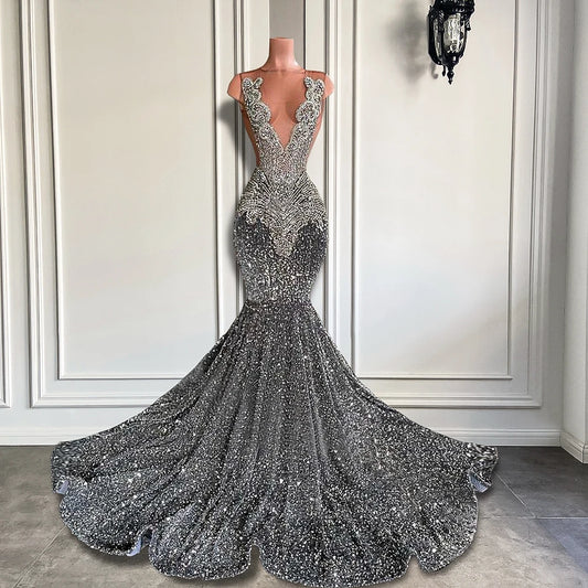 Sexy Long Sparkly Prom Dresses 2026 Sheer O-neck Luxury Silver Crystals Diamond Sequin Mermaid Black Girl Prom Party Gowns