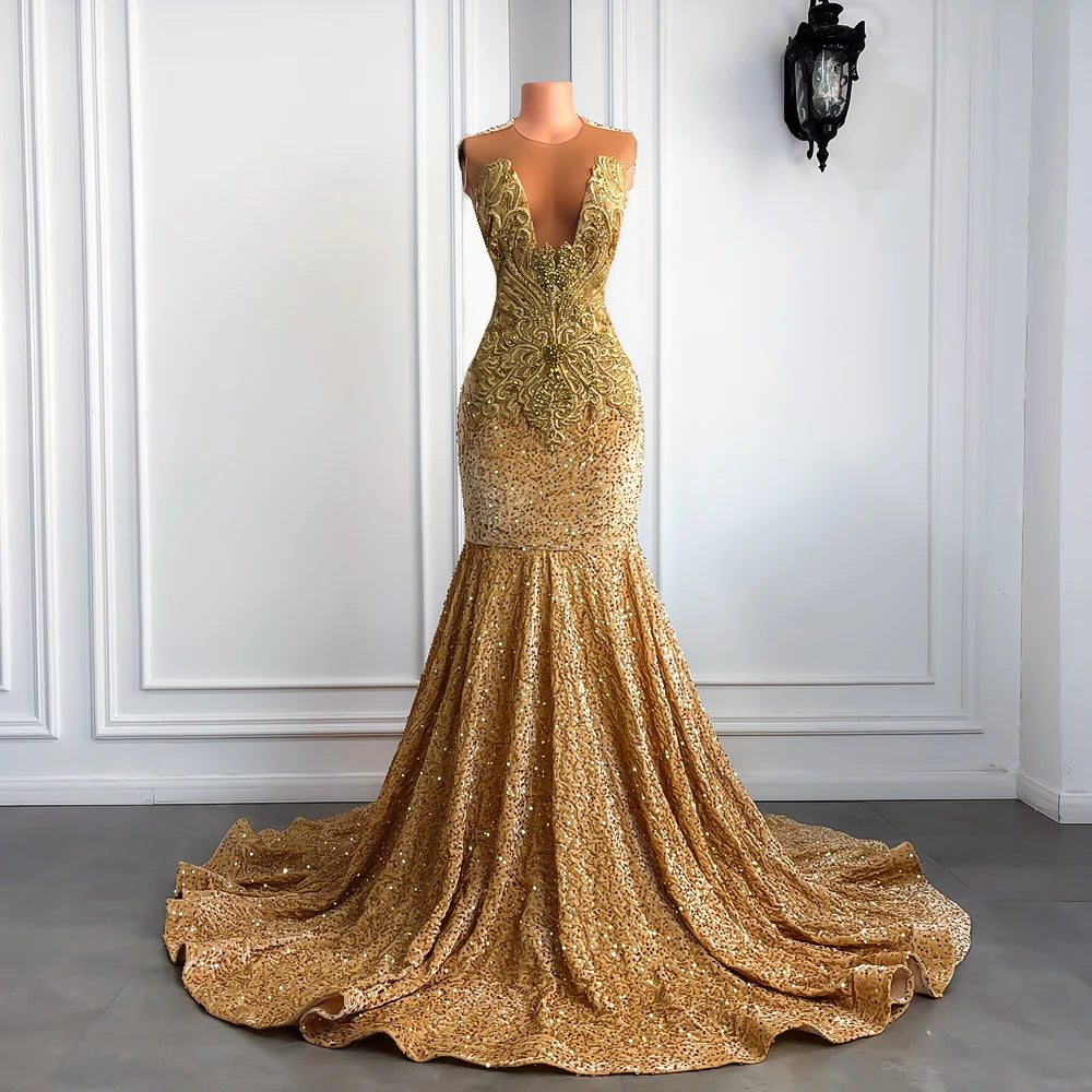 Long Elegant Prom Dresses 2026 Mermaid Style Sheer O-neck Beaded Lace Gold Sequin African Black Girls Prom Party Gowns