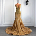 Long Elegant Prom Dresses 2026 Mermaid Style Sheer O-neck Beaded Lace Gold Sequin African Black Girls Prom Party Gowns