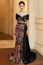 Floral Print Flowers Off the Shoulder Sleeveless Mermaid Floor-Length Evening Dress