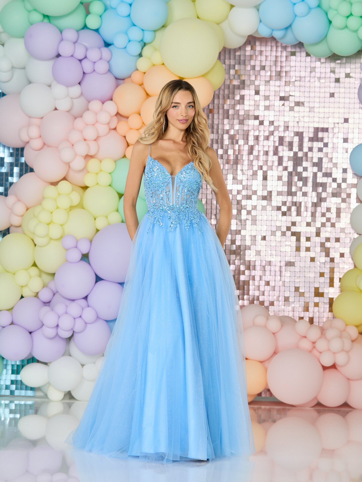 Sparkle Sequins Spaghetti Straps Sleeveles A-Line Side Slit Floor-Length Prom Dress