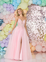 Spaghetti Straps Tulle A-Line Sparkle Sequins Sleeveless Side Slit Prom Dress