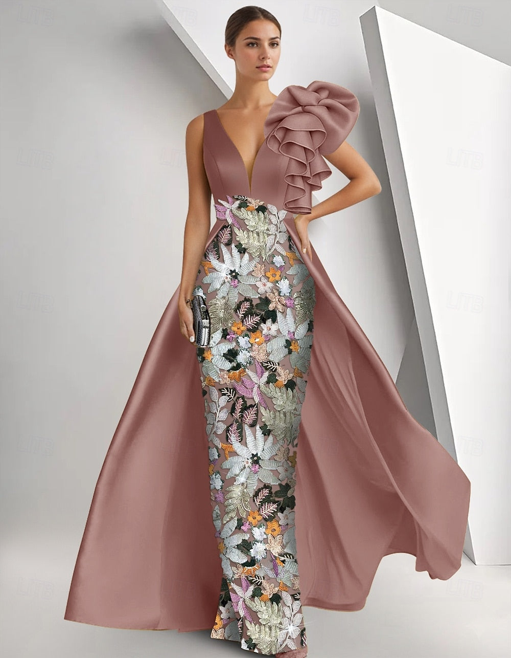 Sleeveless V-Neck Mermaid Floral Print Flowers Sequins Sparkle Evening Dress