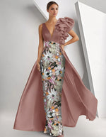 Sleeveless V-Neck Mermaid Floral Print Flowers Sequins Sparkle Evening Dress