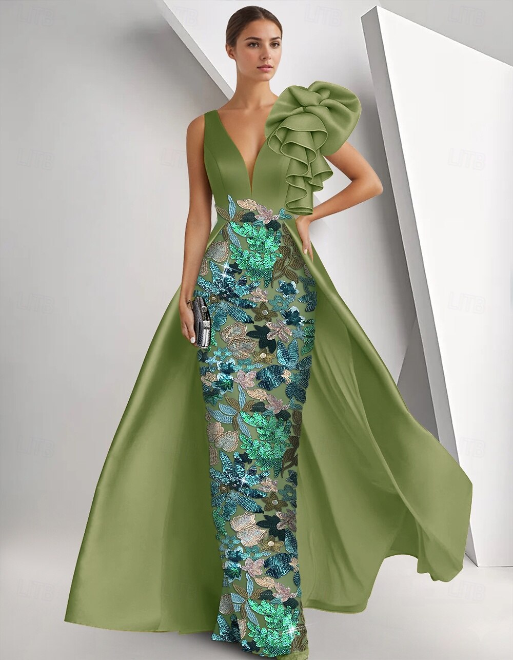 Sleeveless V-Neck Mermaid Floral Print Flowers Sequins Sparkle Evening Dress