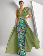 Sleeveless V-Neck Mermaid Floral Print Flowers Sequins Sparkle Evening Dress