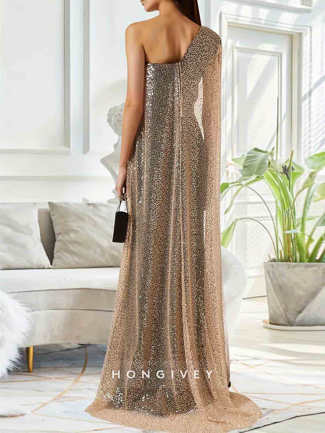 One Shoulder Mermaid Sequins Shawl Slit Evening Dress