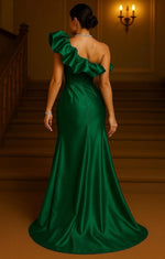 Satin One Shoulder Prom Dresses Trumpet Evening Gown with Ruffles