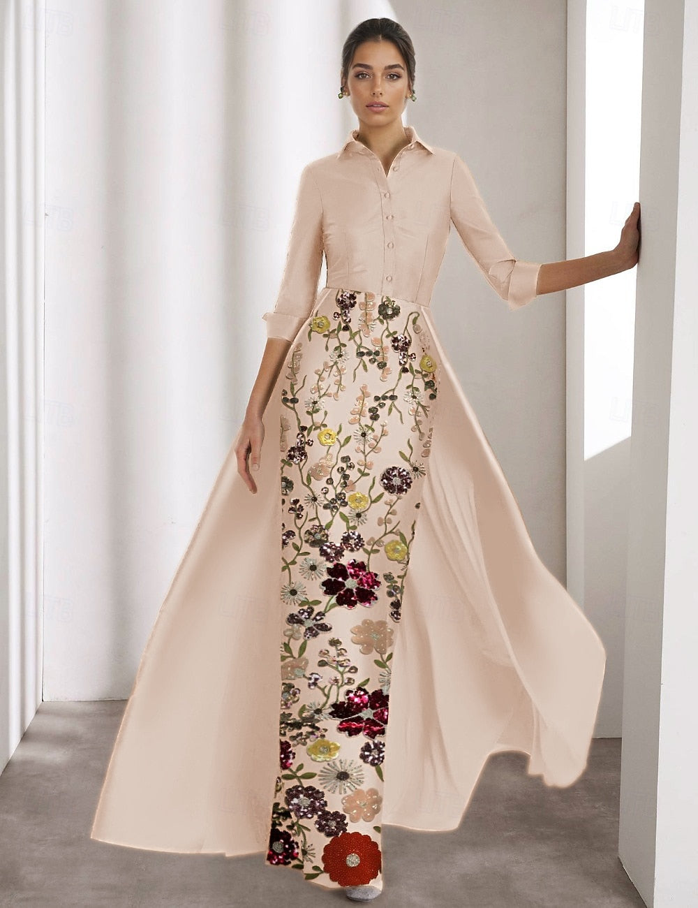 Detachable 3/4 Sleeve Appliqued Flowers Evening Dress