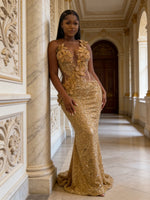 Mermaid Sparkly Sequin Floor-Length Prom Dresses with 3D Flower Appliques
