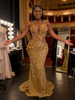 Mermaid Sparkly Sequin Floor-Length Prom Dresses with 3D Flower Appliques
