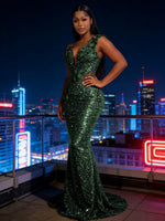 Mermaid Sparkly Sequin Floor-Length Prom Dresses with 3D Flower Appliques