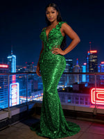 Mermaid Sparkly Sequin Floor-Length Prom Dresses with 3D Flower Appliques
