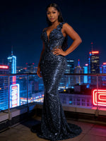Mermaid Sparkly Sequin Floor-Length Prom Dresses with 3D Flower Appliques