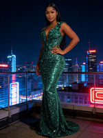 Mermaid Sparkly Sequin Floor-Length Prom Dresses with 3D Flower Appliques