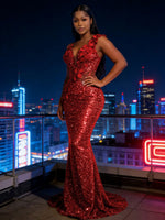 Mermaid Sparkly Sequin Floor-Length Prom Dresses with 3D Flower Appliques