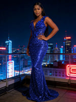 Mermaid Sparkly Sequin Floor-Length Prom Dresses with 3D Flower Appliques