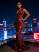 Mermaid Sparkly Sequin Floor-Length Prom Dresses with 3D Flower Appliques