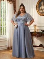 V-Neck Illusion Pleated Satin Floor-Length Mother of the Bride Dresses with Sequins