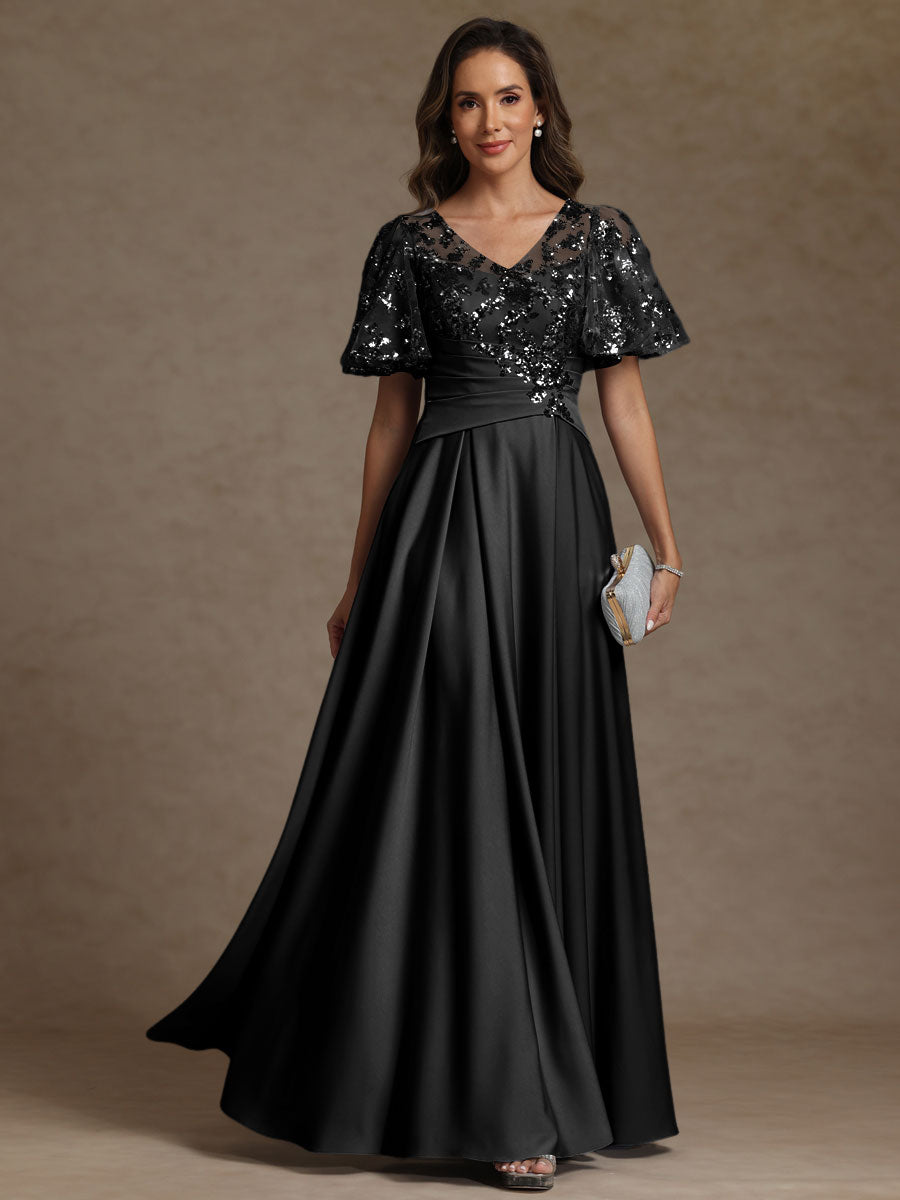 V-Neck Illusion Pleated Satin Floor-Length Mother of the Bride Dresses with Sequins